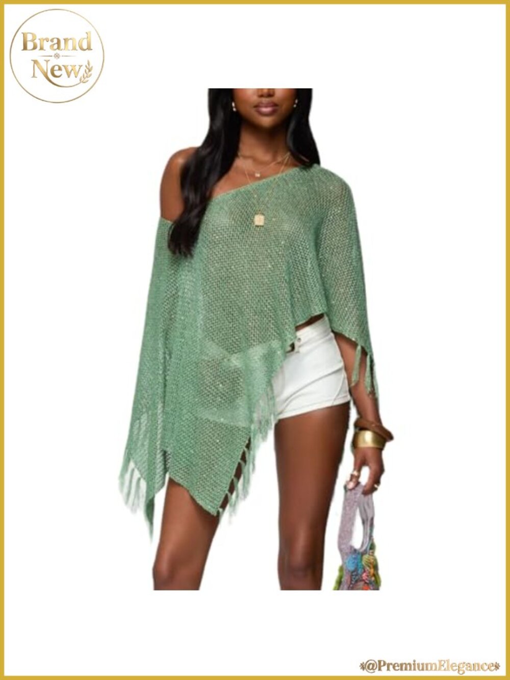 Womens Knit Sequin Poncho Shrug Shawl Asymmetrical Sweater Coverup